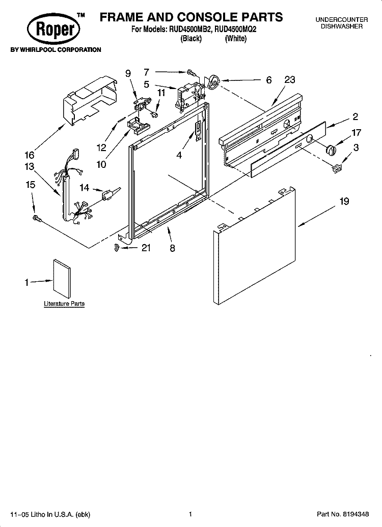 FRAME AND CONSOLE PARTS Diagram and Parts List for RUD4500MQ2  Roper Dishwasher