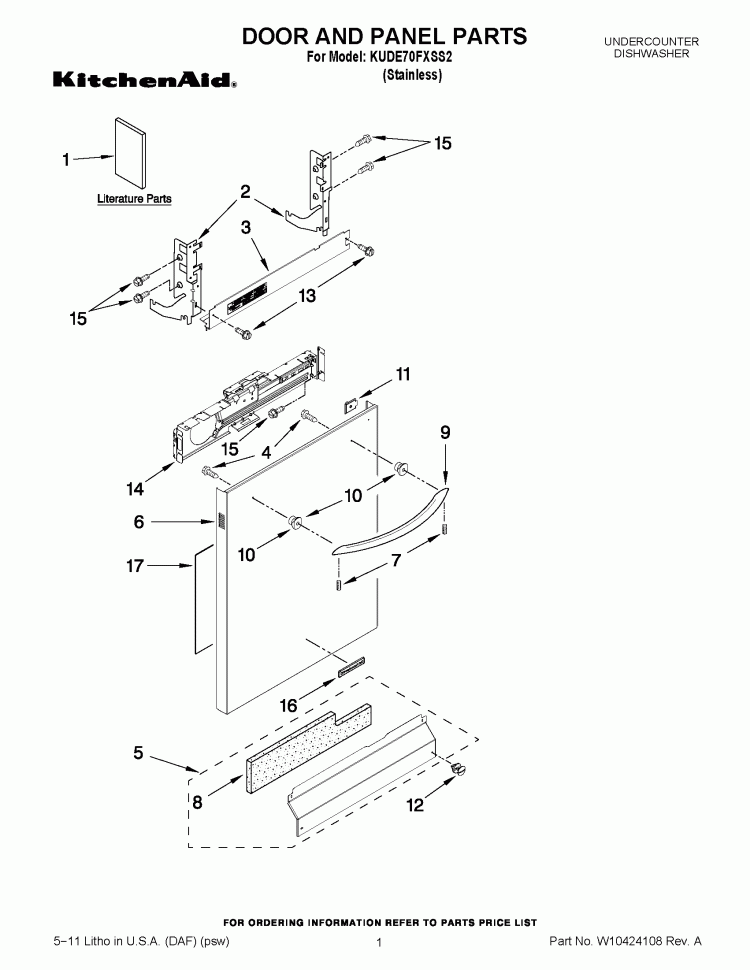 DOOR AND PANEL PARTS Diagram and Parts List for KUDE70FXSS2  KitchenAid Dishwasher