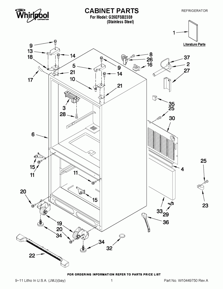 CABINET PARTS Diagram and Parts List for G25EFSB23S9  Whirlpool Refrigerator