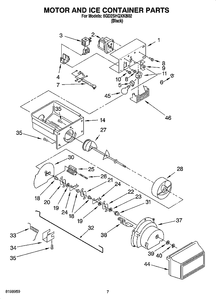 MOTOR AND ICE CONTAINER PARTS Diagram and Parts List for 6GD2SHQXKB02  Whirlpool Refrigerator
