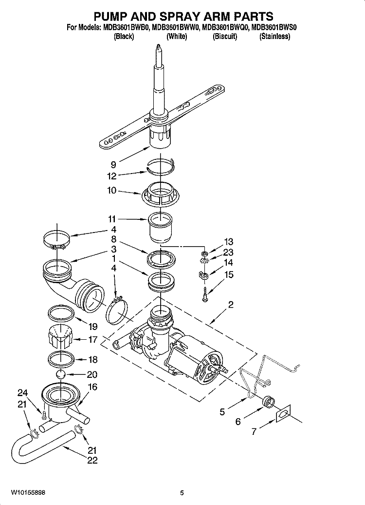 PUMP AND SPRAY ARM PARTS Diagram and Parts List for MDB3601BWS0  Whirlpool Dishwasher