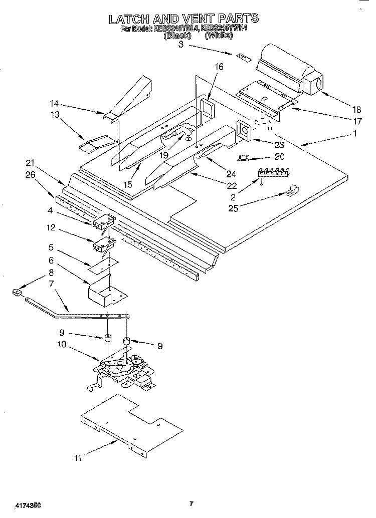 LATCH AND VENT Diagram and Parts List for KEBS246YWH4  KitchenAid Wall Oven