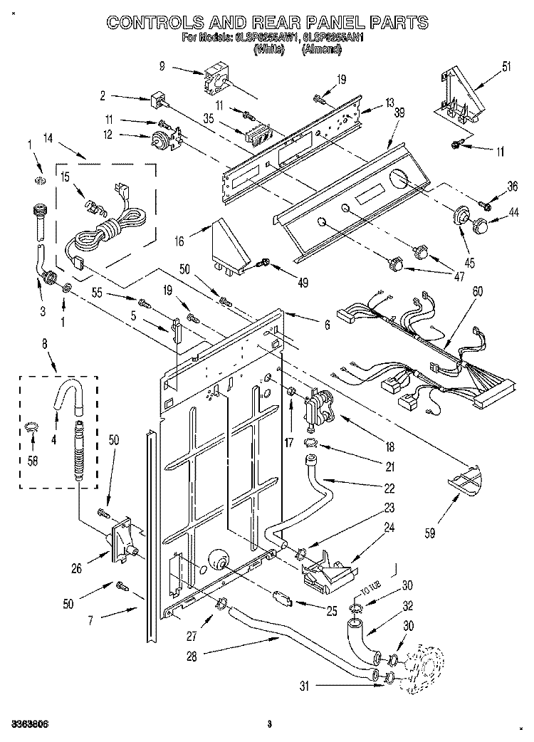 CONTROLS AND REAR PANEL Diagram and Parts List for 6LSP8255AN1  Whirlpool Washer