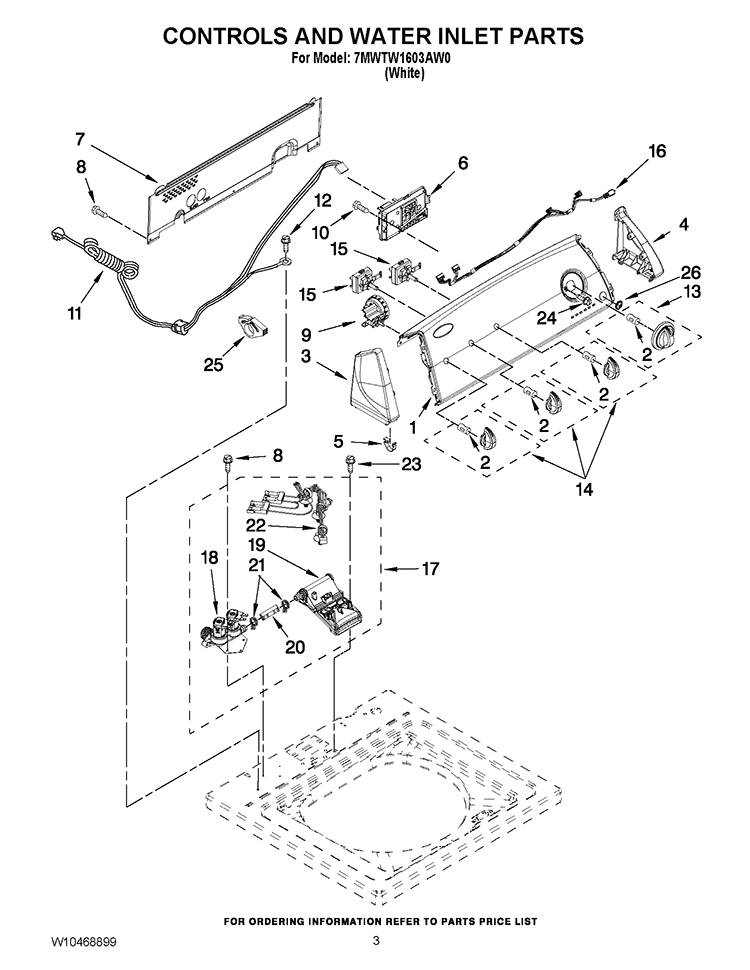 CONTROLS AND WATER INLET PARTS Diagram and Parts List for 7MWTW1603AW0  Whirlpool Washer
