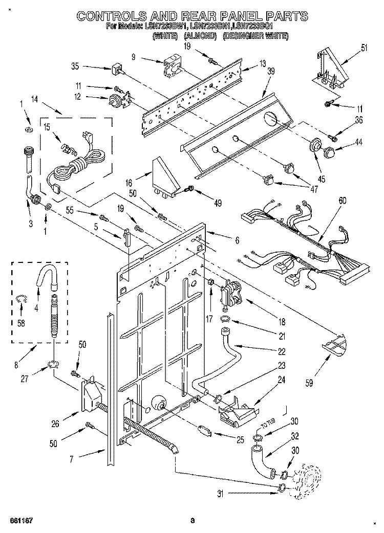 CONTROLS AND REAR PANEL Diagram and Parts List for LSN7233BW1  Whirlpool Washer