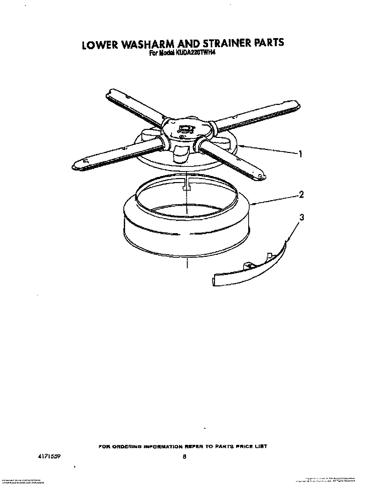 LOWER WASHARM AND STRAINER Diagram and Parts List for KUDA220TWH4  KitchenAid Dishwasher