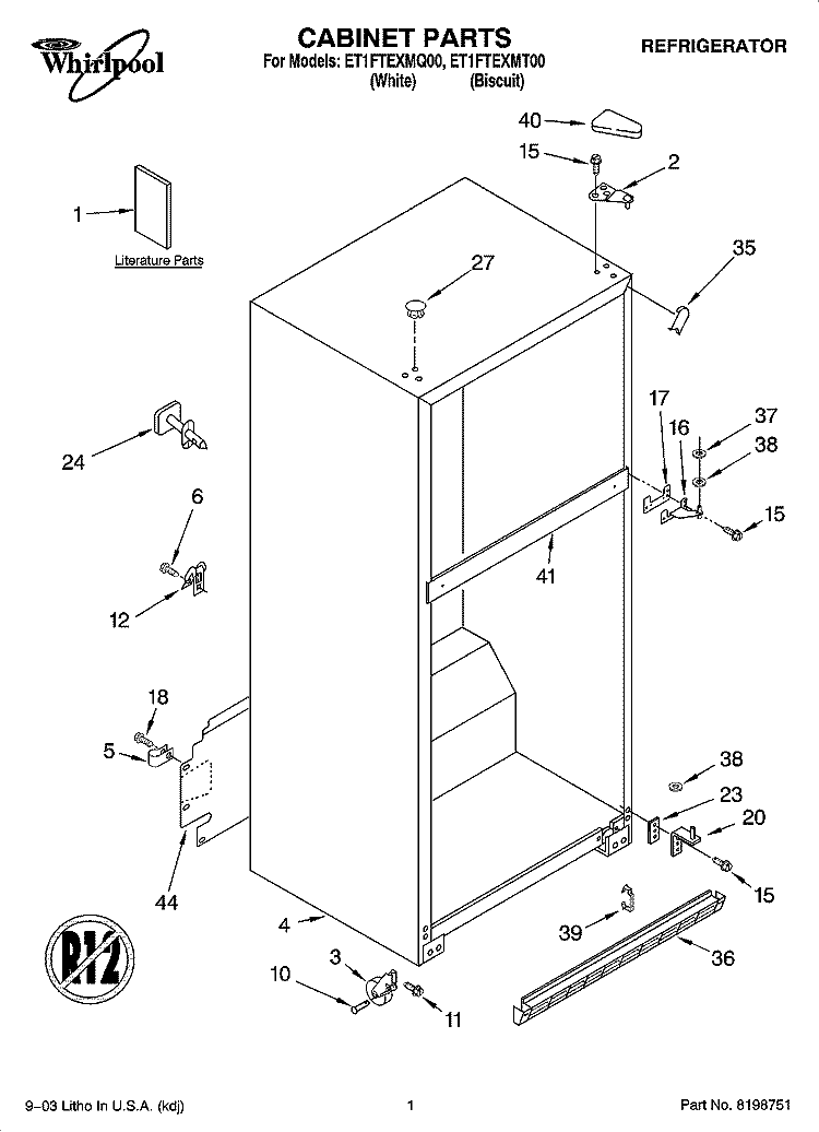 CABINET PARTS Diagram and Parts List for ET1FTEXMQ00  Whirlpool Refrigerator