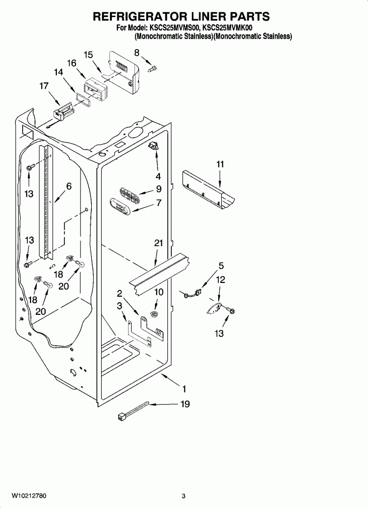 REFRIGERATOR LINER PARTS Diagram and Parts List for KSCS25MVMK00  KitchenAid Refrigerator