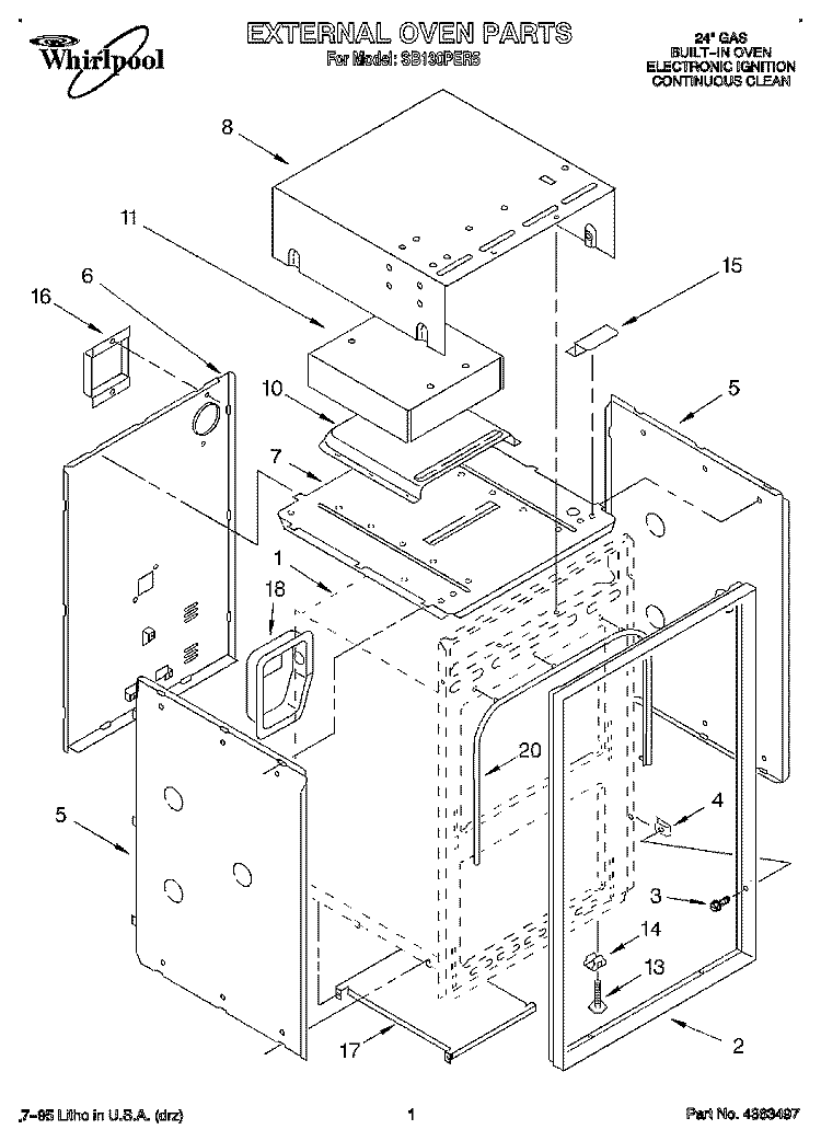 EXTERNAL OVEN Diagram and Parts List for SB130PER5  Whirlpool Wall Oven
