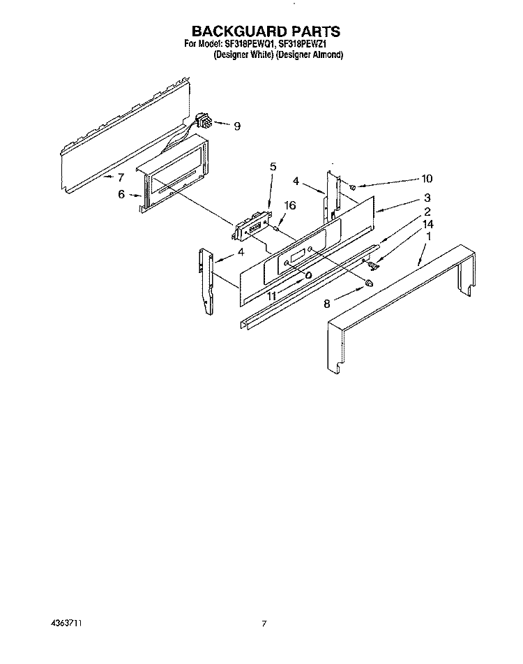 BACKGUARD Diagram and Parts List for SF318PEWZ1  Whirlpool Range