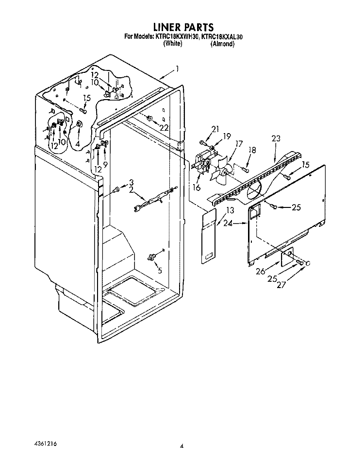 LINER Diagram and Parts List for KTRC18KXWH30  KitchenAid Refrigerator