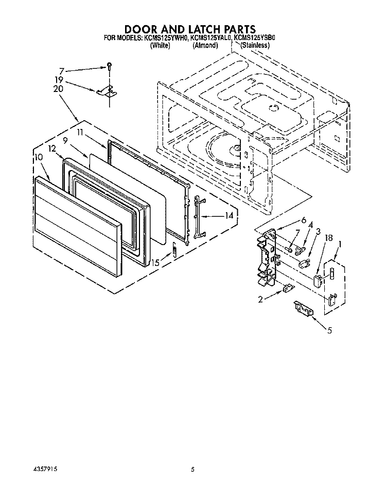 DOOR AND LATCH Diagram and Parts List for KCMS125YWH0  KitchenAid Microwave
