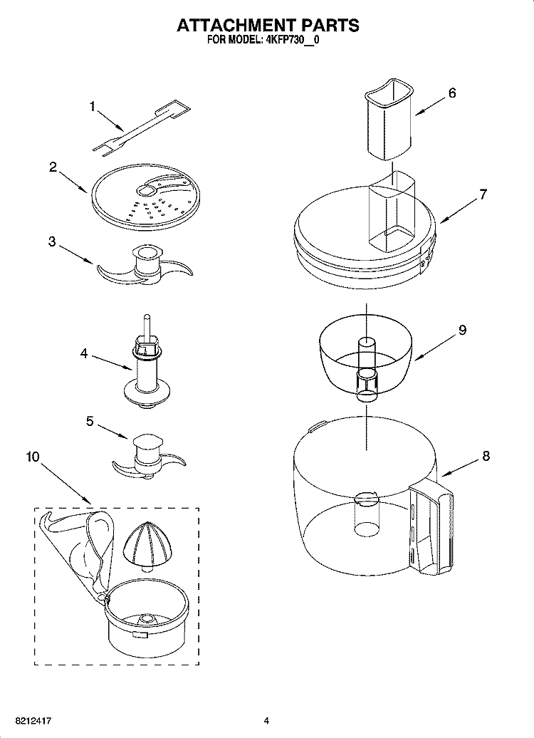 ATTACHMENT PARTS Diagram and Parts List for 4KFP730WH0  KitchenAid Food Processor