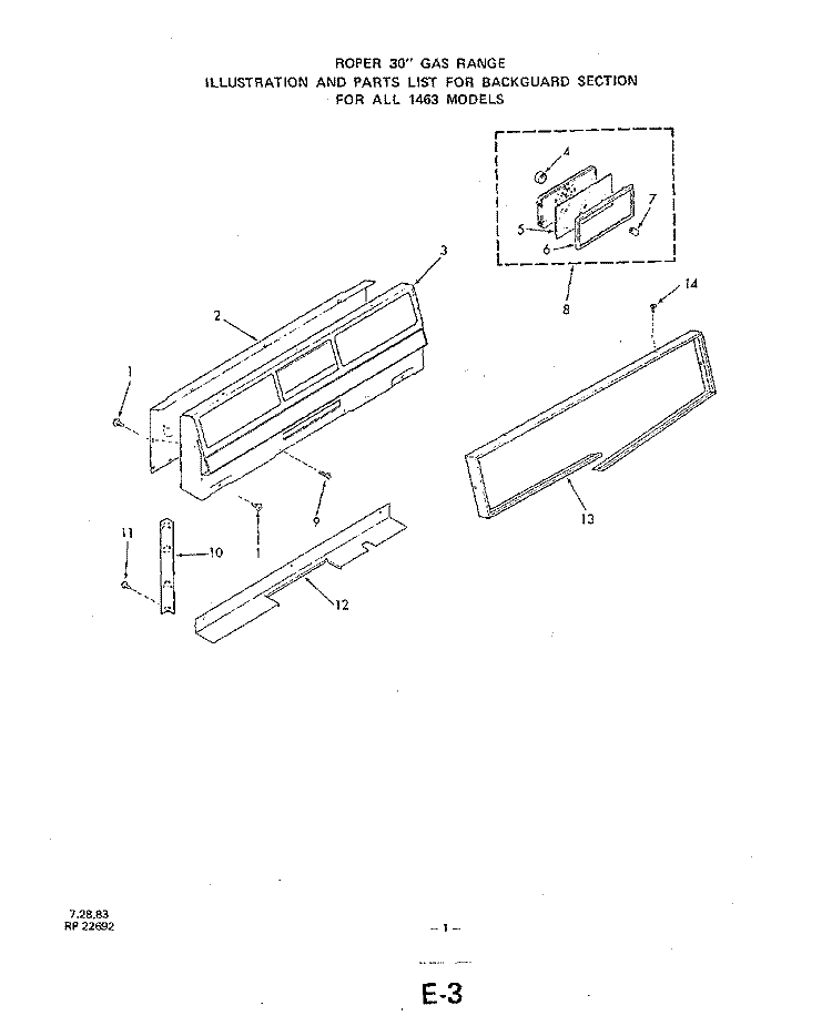 BACKGUARD Diagram and Parts List for 1463W3A  Roper Range