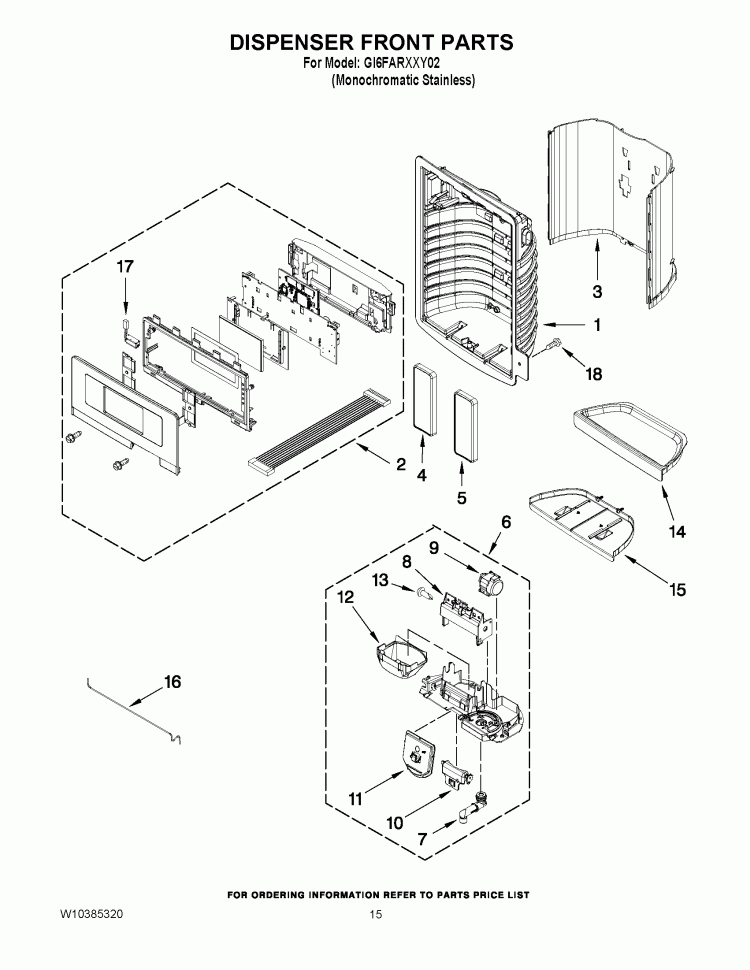 DISPENSER FRONT PARTS Diagram and Parts List for GI6FARXXY02  Whirlpool Refrigerator