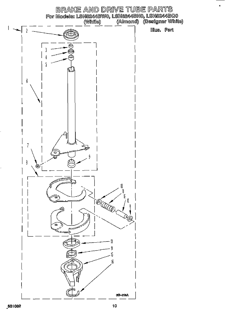 BRAKE AND DRIVE TUBE Diagram and Parts List for LSN8244BN0  Whirlpool Washer