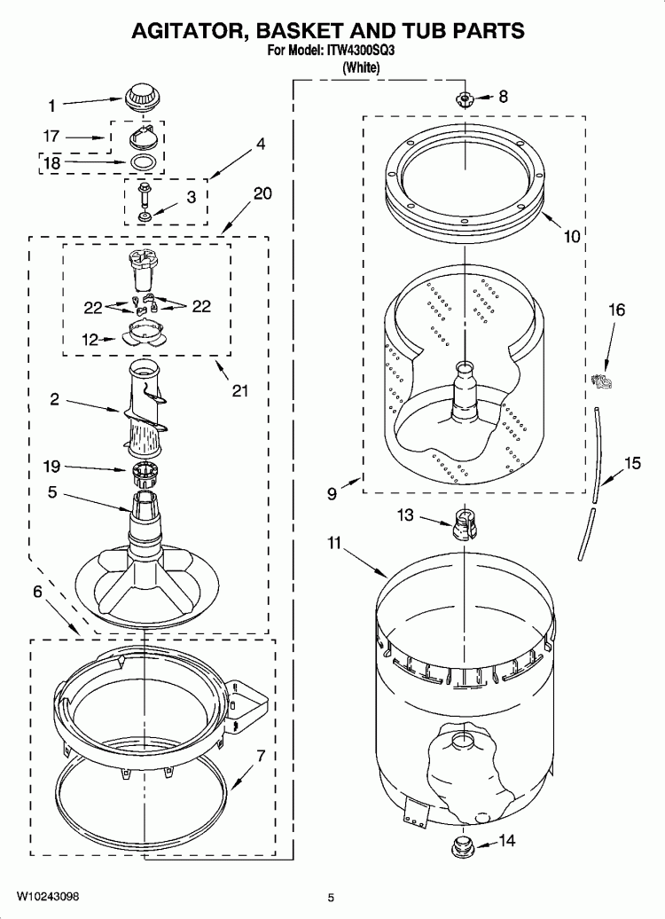 AGITATOR, BASKET AND TUB PARTS Diagram and Parts List for ITW4300SQ3  Inglis Washer