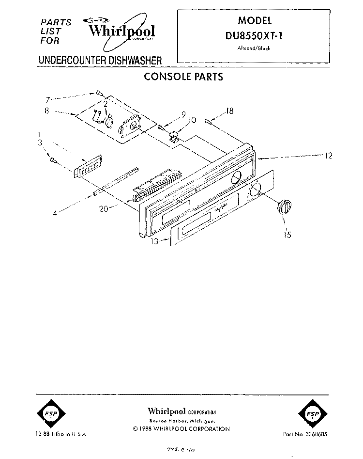 CONSOLE Diagram and Parts List for DU8550XT1  Whirlpool Dishwasher