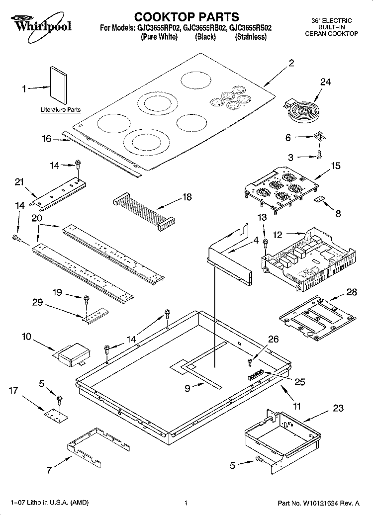COOKTOP PARTS, OPTIONAL PARTS Diagram and Parts List for GJC3655RB02  Whirlpool Cooktop