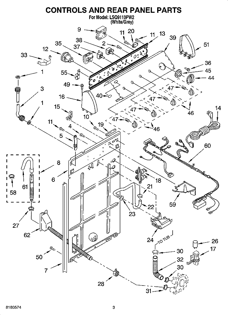CONTROLS AND REAR PANEL PARTS Diagram and Parts List for LSQ9110PW2  Whirlpool Washer