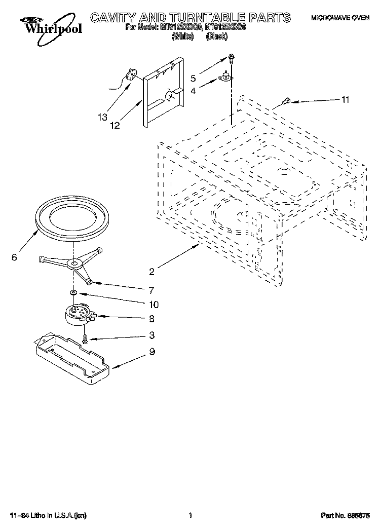 CAVITY AND TURNTABLE, LIT/OPTIONAL Diagram and Parts List for MT6125XBQ0  Whirlpool Microwave