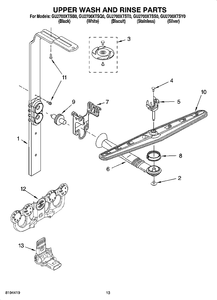 UPPER WASH AND RINSE PARTS Diagram and Parts List for GU2700XTSY0  Whirlpool Dishwasher