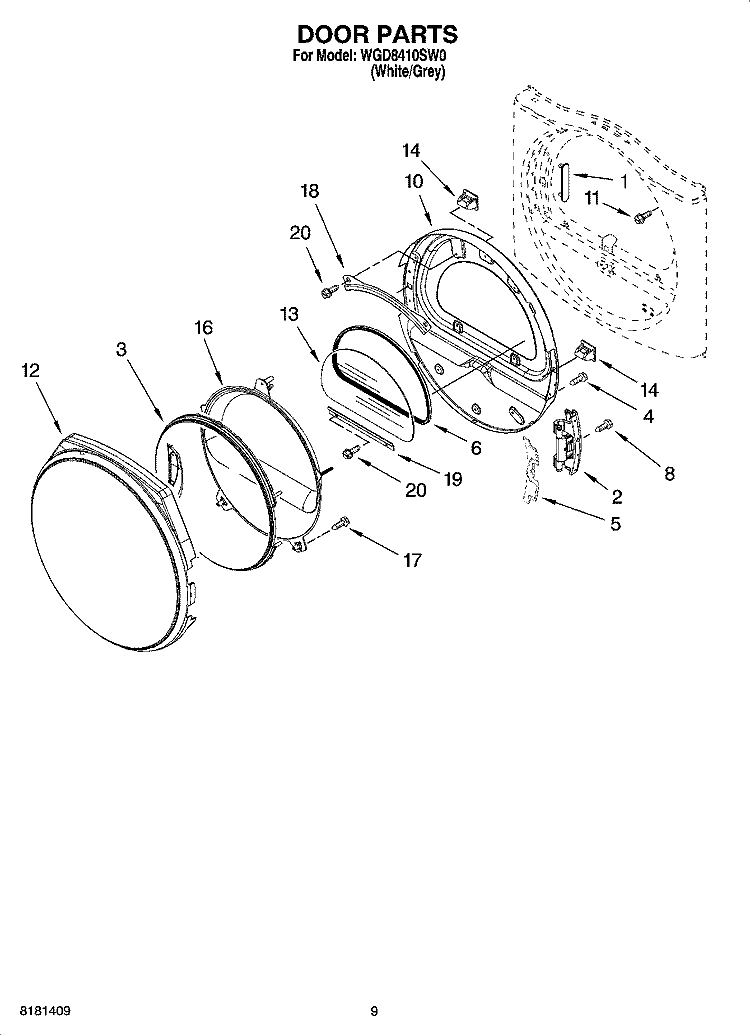 DOOR PARTS, OPTIONAL PARTS (NOT INCLUDED) Diagram and Parts List for WGD8410SW0  Whirlpool Dryer