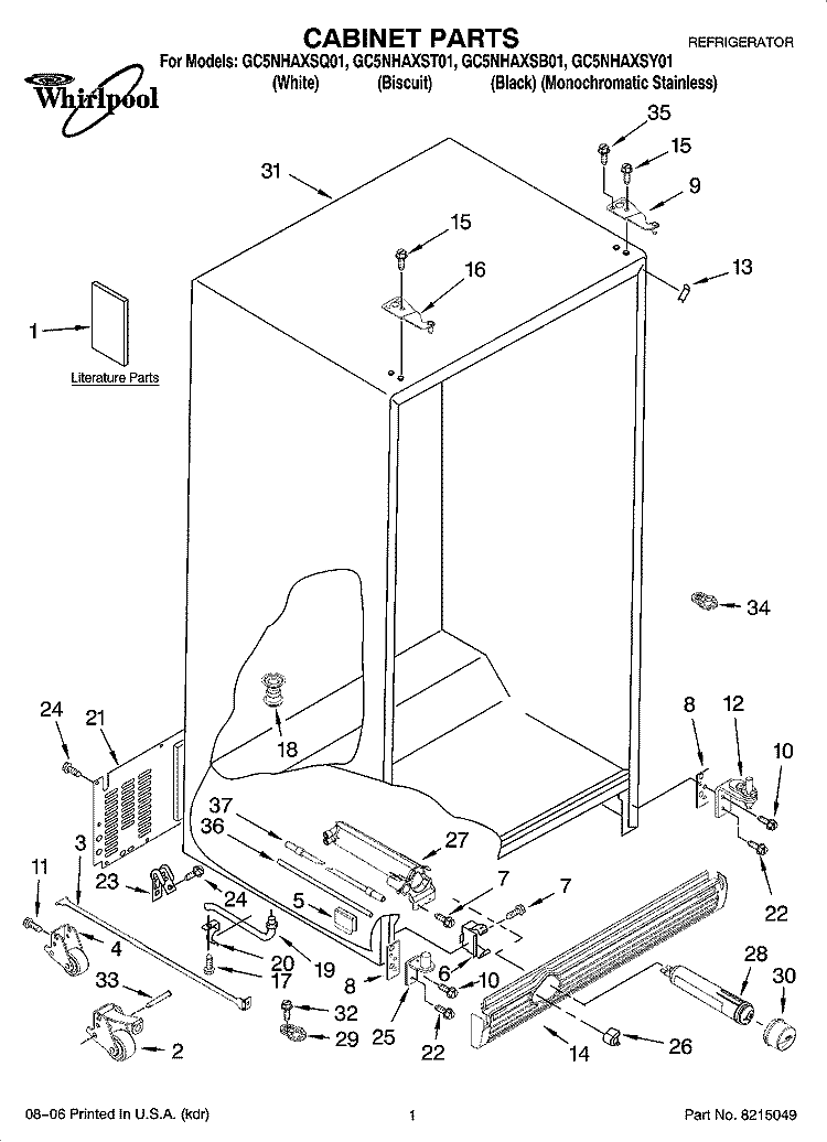 CABINET PARTS Diagram and Parts List for GC5NHAXSY01  Whirlpool Refrigerator