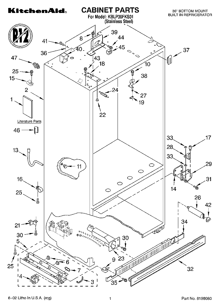 CABINET, LITERATURE Diagram and Parts List for KLBP36FKS01  KitchenAid Refrigerator