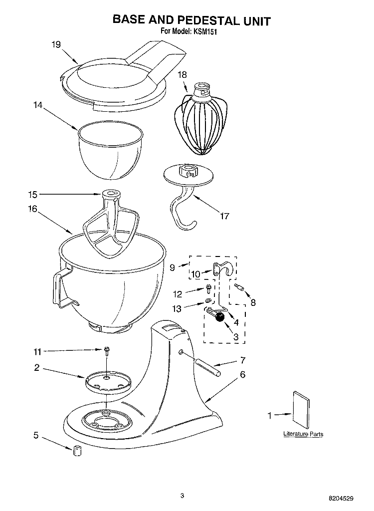 BASE AND PEDESTAL UNIT Diagram and Parts List for KSM151  KitchenAid Mixer