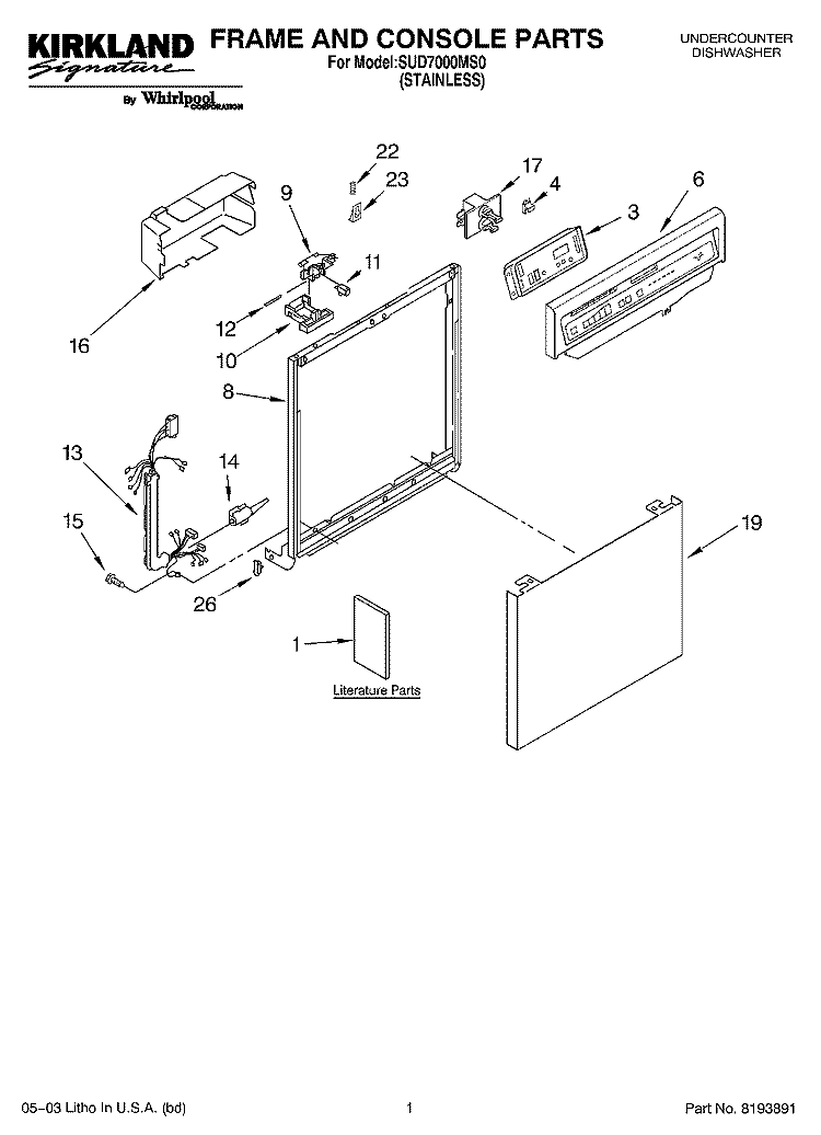 FRAME AND CONSOLE PARTS Diagram and Parts List for SUD7000MS0  Whirlpool Dishwasher
