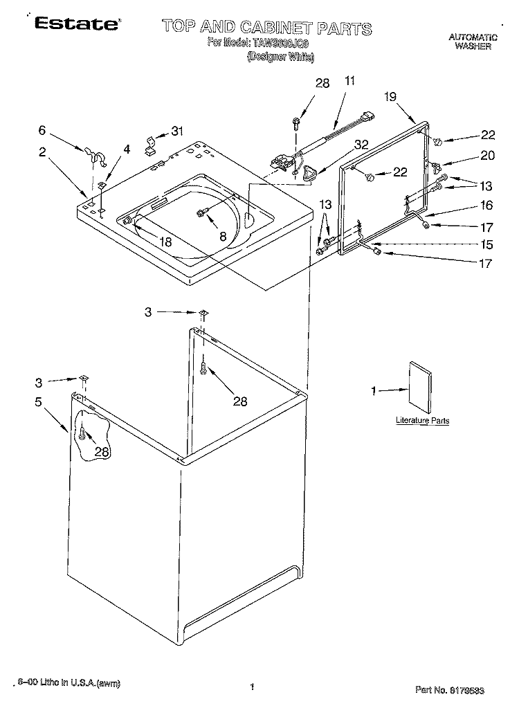 TOP AND CABINET, LITERATURE Diagram and Parts List for TAWS800JQ0  Estate Washer