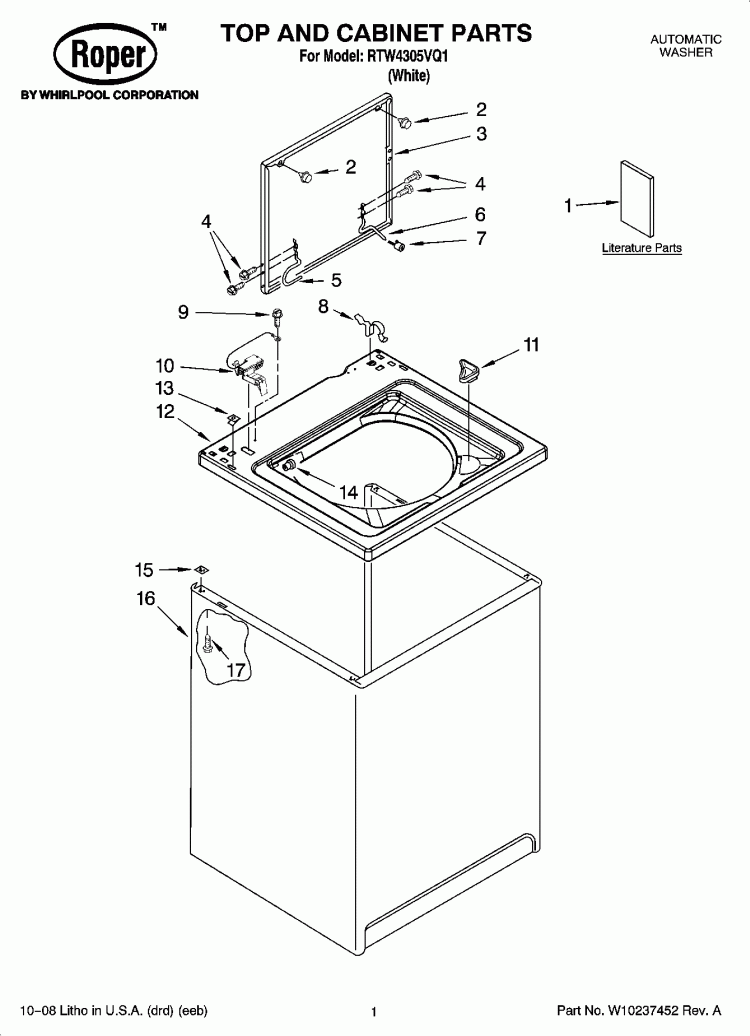 TOP AND CABINET PARTS Diagram and Parts List for RTW4305VQ1  Roper Washer