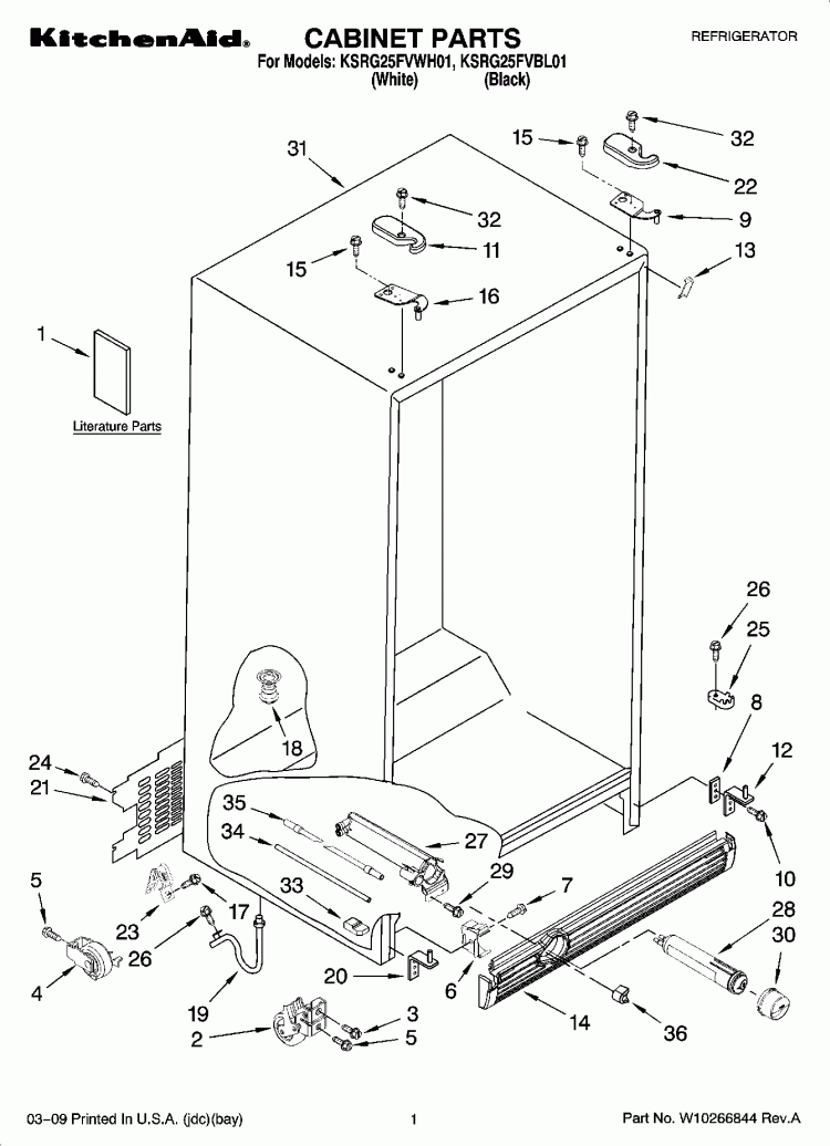 CABINET PARTS Diagram and Parts List for KSRG25FVWH01  KitchenAid Refrigerator