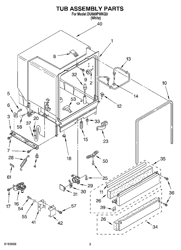 TUB ASSEMBLY Diagram and Parts List for DU600PWKQ0  Whirlpool Dishwasher