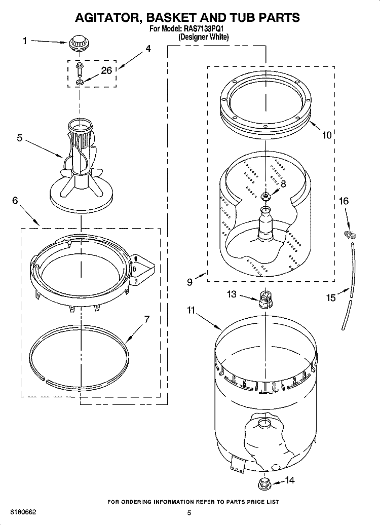 AGITATOR, BASKET AND TUB PARTS Diagram and Parts List for RAS7133PQ1  Roper Washer