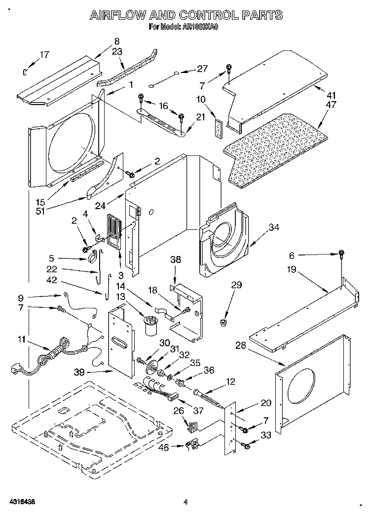 AIRFLOW AND CONTROL Diagram and Parts List for AR1800XA0  Whirlpool Air Conditioner