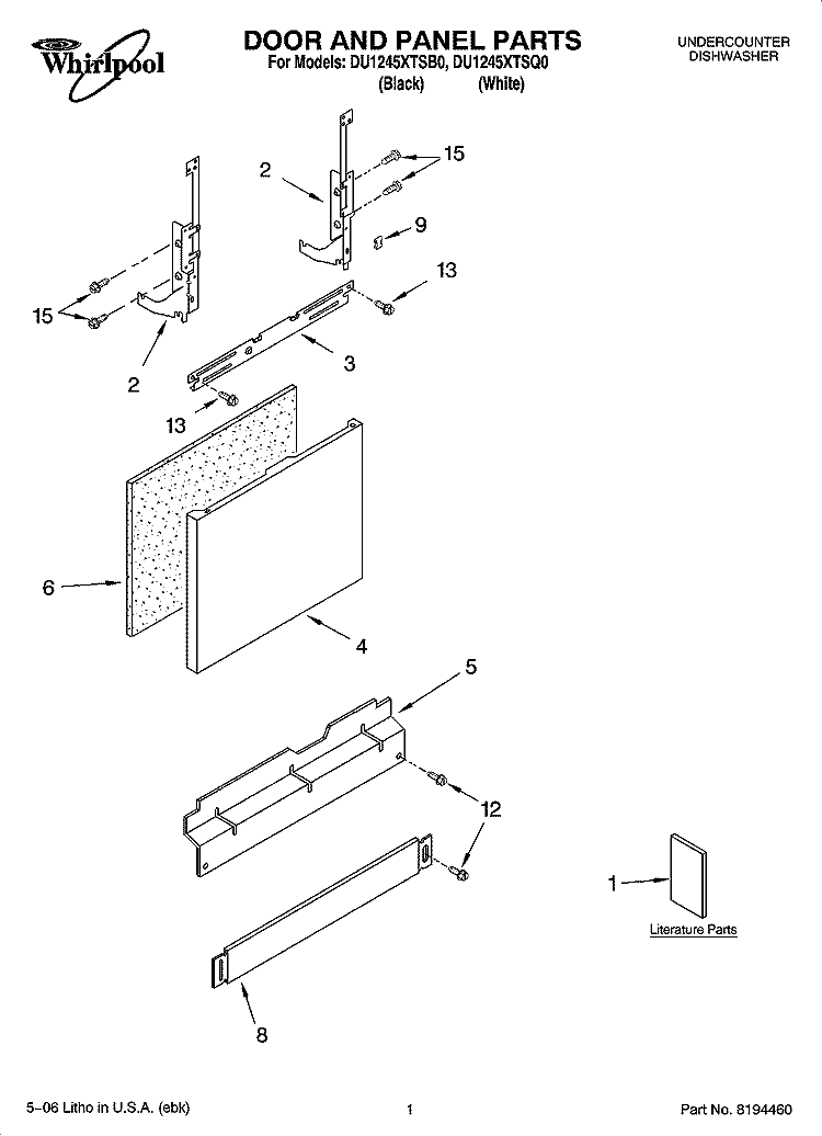 DOOR AND PANEL PARTS Diagram and Parts List for DU1245XTSQ0  Whirlpool Dishwasher