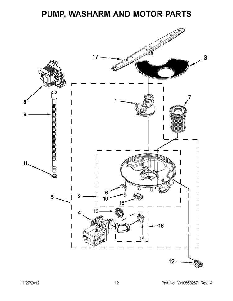 PUMP, WASHARM AND MOTOR PARTS Diagram and Parts List for WDF530PAYB4  Whirlpool Dishwasher