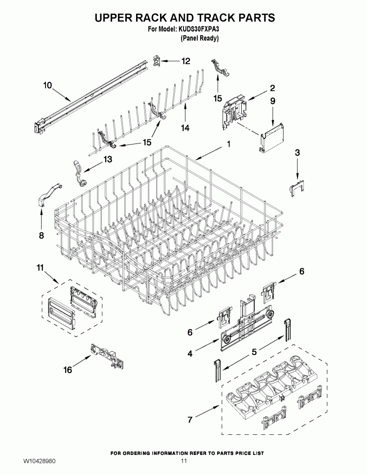 UPPER RACK AND TRACK PARTS Diagram and Parts List for KUDS30FXPA3  KitchenAid Dishwasher