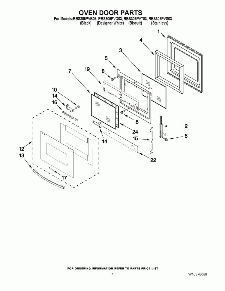 OVEN DOOR PARTS Diagram and Parts List for RBS305PVS03  Whirlpool Wall Oven