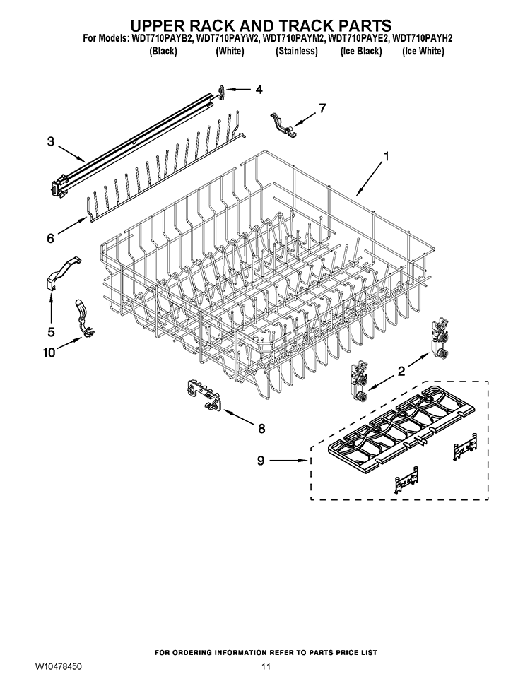 UPPER RACK AND TRACK PARTS Diagram and Parts List for WDT710PAYM2  Whirlpool Dishwasher