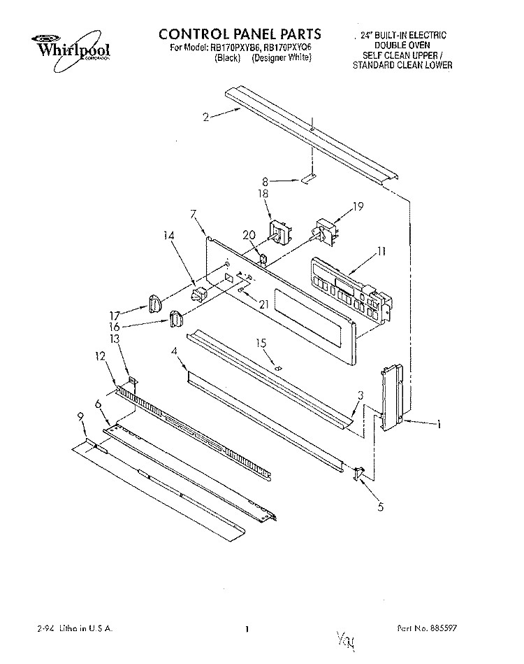 CONTROL PANEL, LITERATURE Diagram and Parts List for RB170PXYB6  Whirlpool Wall Oven
