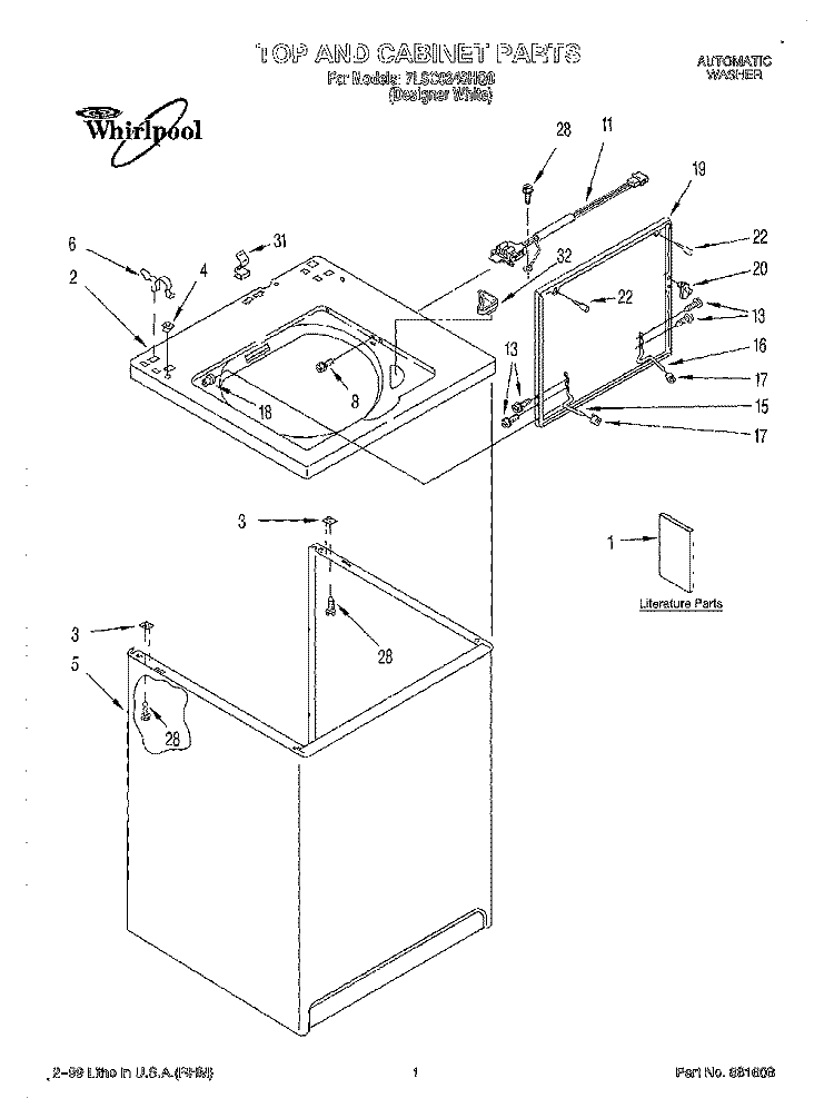 TOP AND CABINET, LITERATURE Diagram and Parts List for 7LSC9245HQ0  Whirlpool Washer