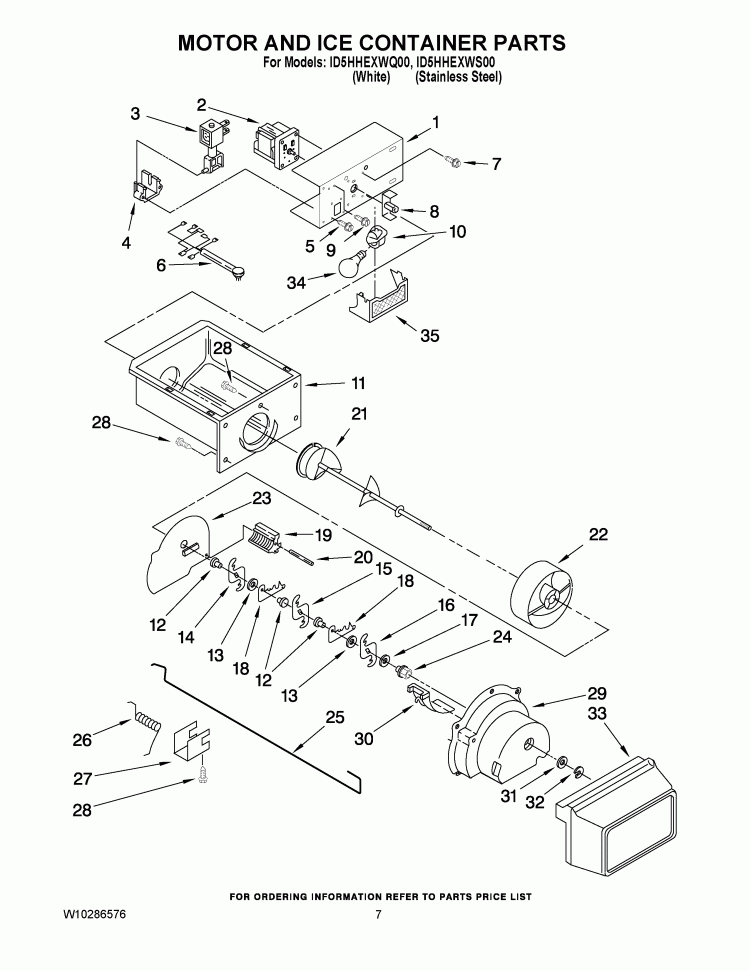 MOTOR AND ICE CONTAINER PARTS Diagram and Parts List for ID5HHEXWS00  Whirlpool Refrigerator