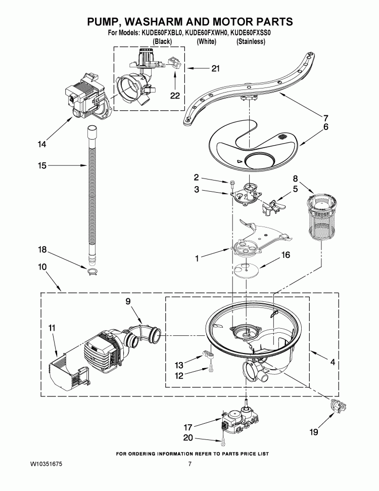 PUMP, WASHARM AND MOTOR PARTS Diagram and Parts List for KUDE60FXBL0  KitchenAid Dishwasher