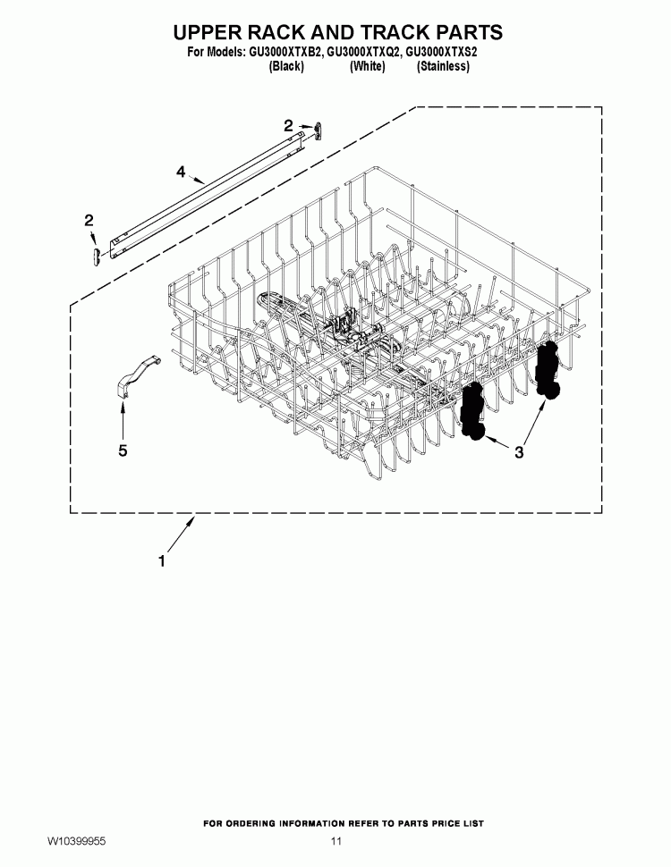 UPPER RACK AND TRACK PARTS Diagram and Parts List for GU3000XTXB2  Whirlpool Dishwasher