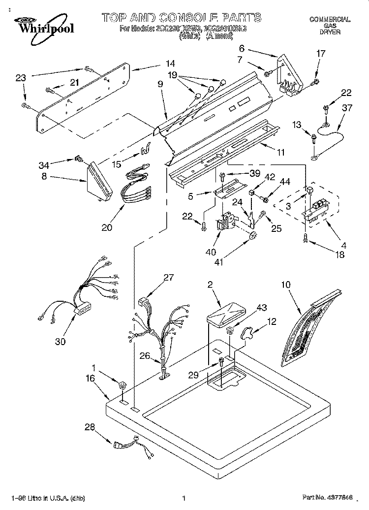 TOP AND CONSOLE Diagram and Parts List for 3CG2901XSN3  Whirlpool Dryer