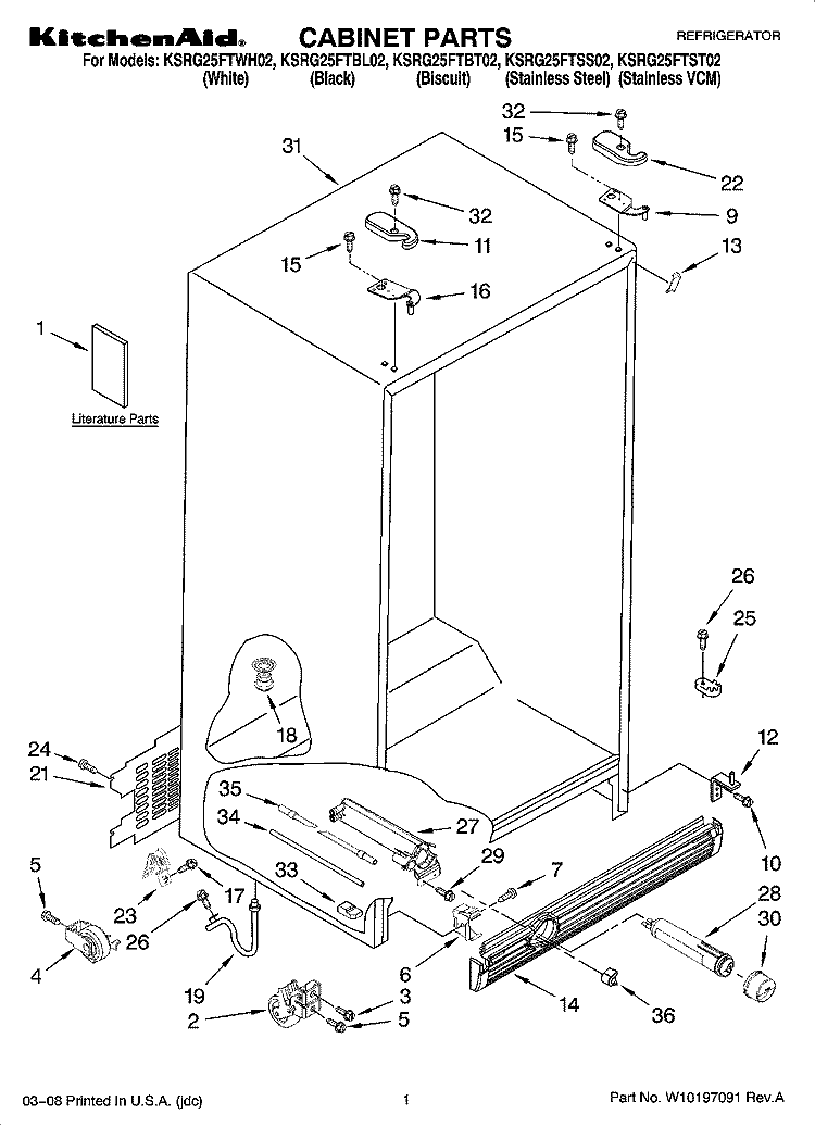 CABINET PARTS Diagram and Parts List for KSRG25FTST02  KitchenAid Refrigerator