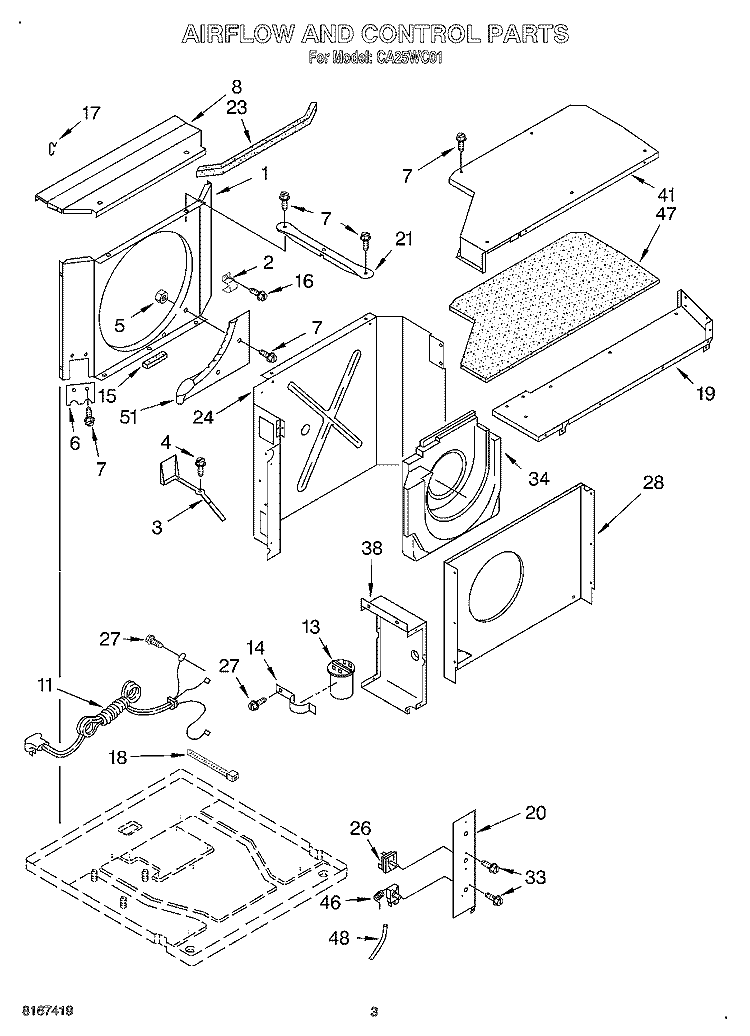 AIR FLOW AND CONTROL Diagram and Parts List for CA25WC01  Whirlpool Air Conditioner